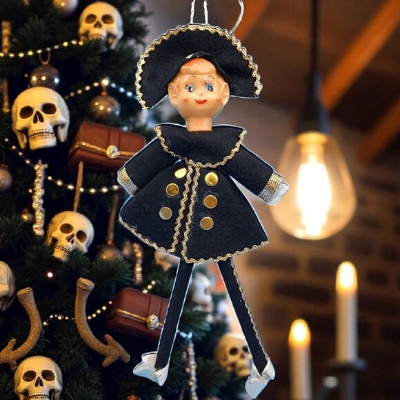 Vintage Pirate Pixie Ornament Felt Black Gold Trim1950s MCM Blow Mold Head Japan - Picture 1 of 9
